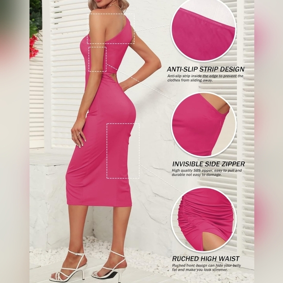 Womens One Shoulder Sleeveless Ruched Bodycon Midi Dress, Hot Pink Rose - Picture 5 of 14